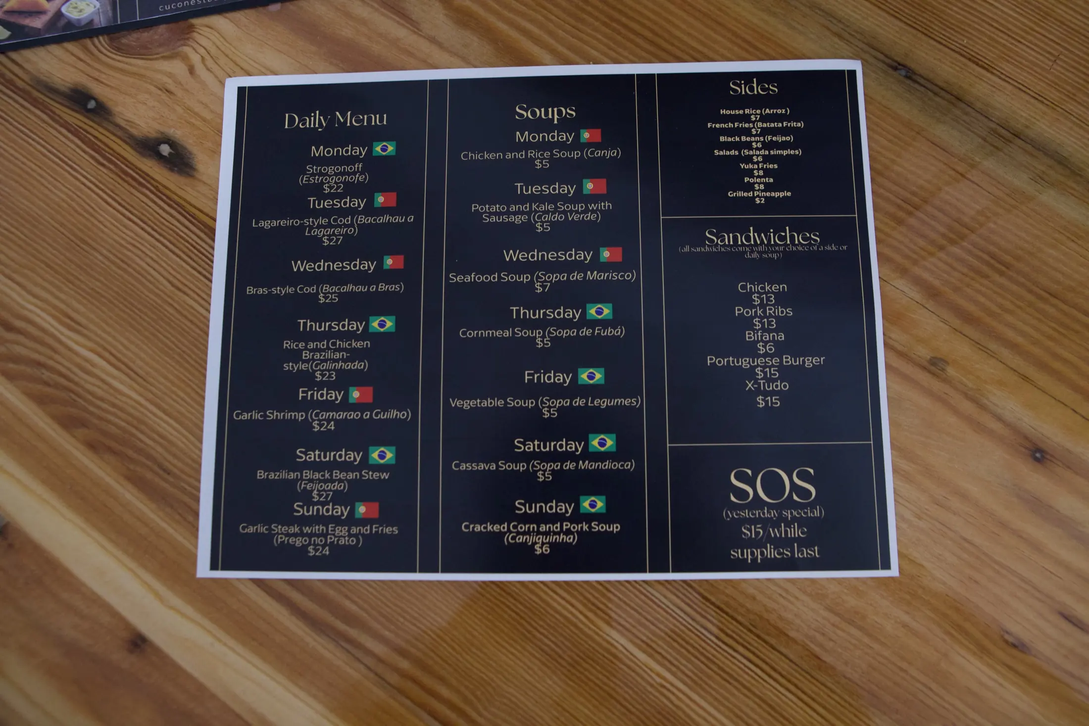 Daily menu, soups, sides, and sandwiches